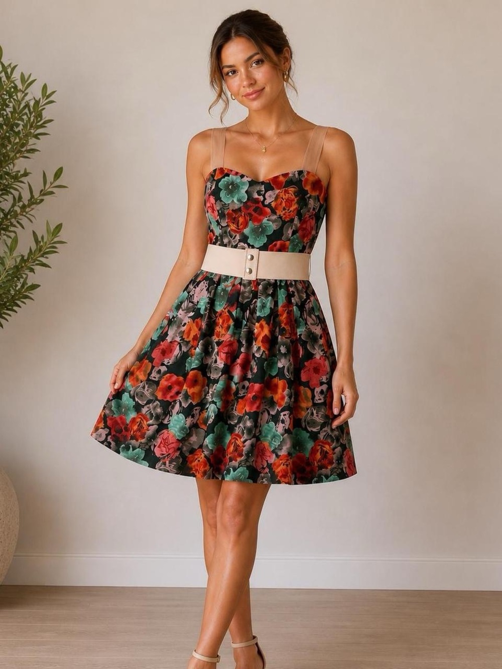 BB Dakota Floral Fit & Flare Dress Belted Cottagecore Size 8 Vintage Style